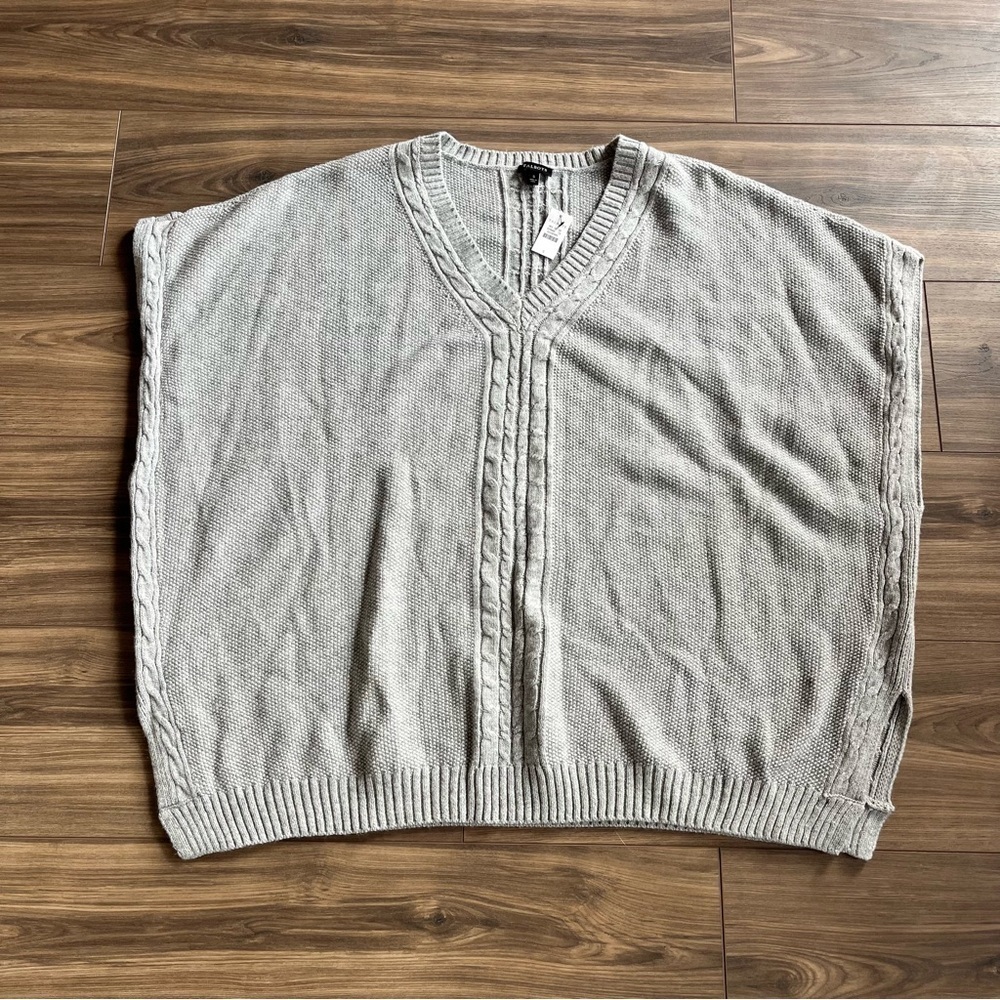 Talbots Oversized V-Neck Poncho Sweater Vest Slit Sleeve Side Vents Gray Small